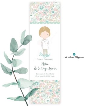 Marcapáginas comunión. Florecitas verde recordatorios comunión niño 2021
