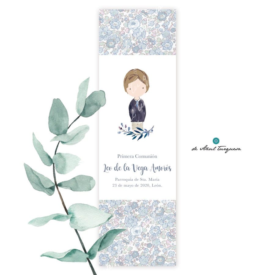 Marcapáginas comunión. Florecitas azul. recuerdos de comunión niños