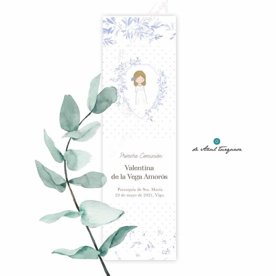 Marcapáginas comunión. Porcelana azul recordatorios comunión personalizados