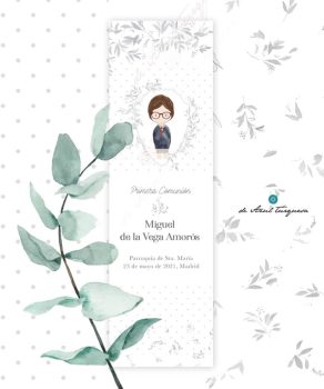 Marcapáginas comunión. Porcelana gris estampas de comunion para niños personalizadas